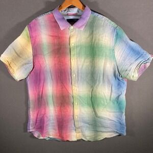 Tommy Bahama XL Mens 100% Linen Button Up Shirt Short‎ Sleeve Rainbow Plaid
